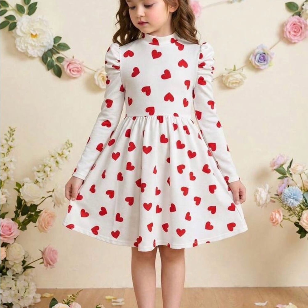 SHEIN White Long-Sleeve Dress with Red Heart Print